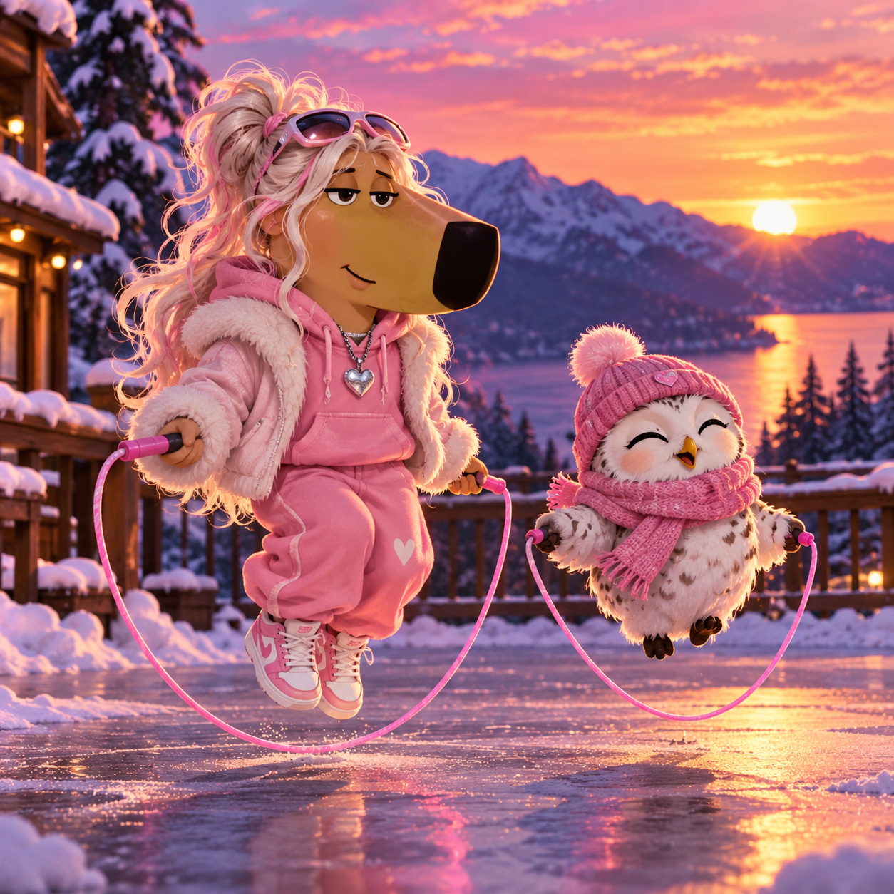 HOOCHILL and her little owl friend jumping rope at sunset